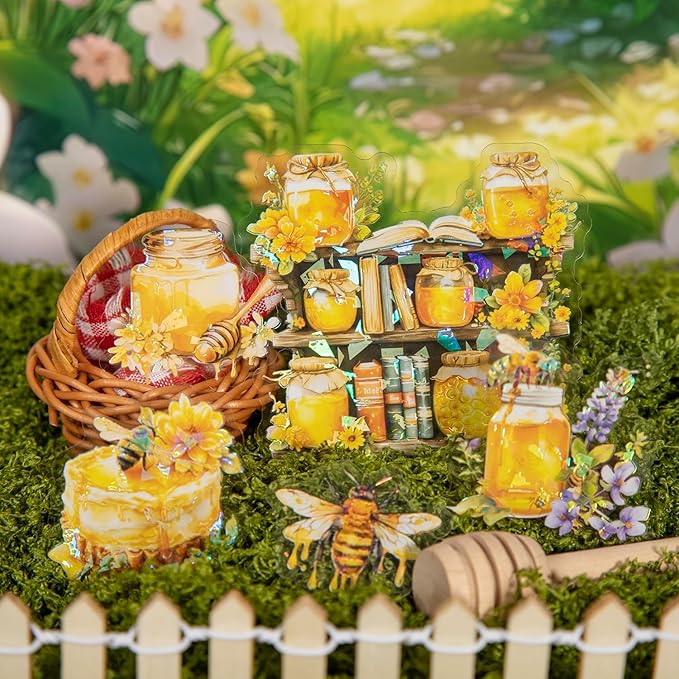 Scrapbook Bee Stickers for Journaling Supplies,60pcs Honeybee Garden Stickers in PET,Nature Sticker for Junk Journal Supplies,Scrapbooking,Planner,Photo Frame,DIY Craft,Calendar(Honey Garden)