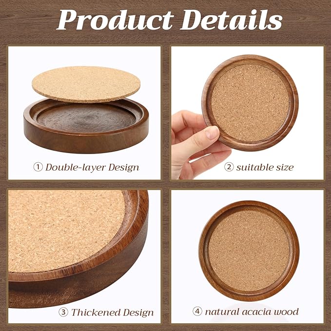 Zhehao 16 Pcs Acacia Wood Coasters Bulk 4 Inch Wooden Stackable Reusable Drink Coasters for Coffee Tea Table Protection Table Bar Home Desk Supplies Housewarming Gifts(Soft Cork)