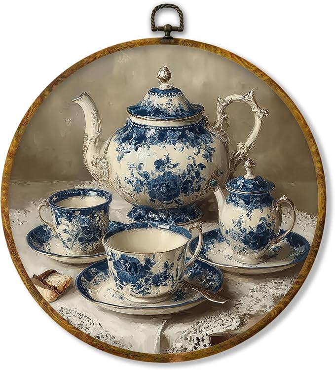 Hiuwevt Chinoiserie Kitchen Round Wall Art Decor, Rustic Farmhouse Framed Canvas Prints, Blue and White Antique Teapot Round Wall Hanging Decor for Kitchen Home Room Decorations, 10x10 Inches