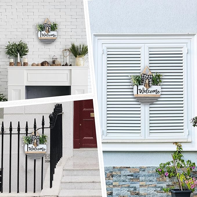 Welcome Sign for Front Door Decor - Walasis Hanging Welcome Signs for All Season Boho Wall Decoration 12inch Wooden Farmhouse Eucalyptus Wreath with Bow Beads for Home
