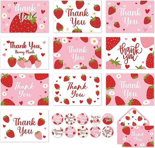 Whaline 50 Pcs Strawberry Thank You Cards Greeting Cards with Envelopes Stickers Pink Fruit Blank Note Cards for Baby Shower Birthday Party Invitation Supplies, 4 x 6 Inch
