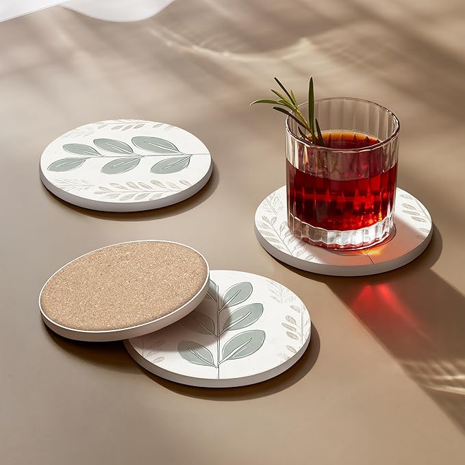 VEYRO Ceramic Coasters Set of 4 – Absorbent Stone Drink Coasters with Holder, Non-Slip Cork Backing, Modern Marble Look Coasters for Coffee Table, Desk & Home Decor