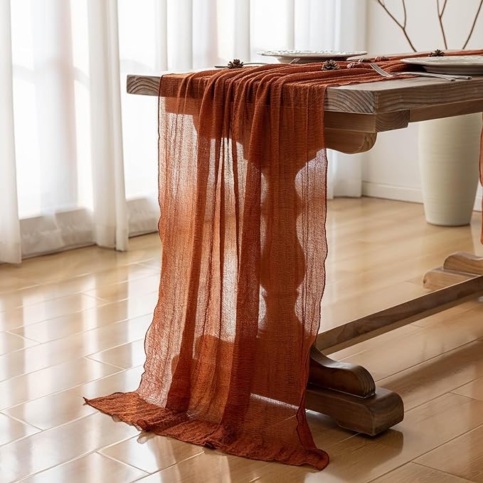 Keketoarrange Fall Thanksgiving Table Runner Terracotta Decorations 120 Inch 10 FT Rustic Burnt Orange Sheer Cheese Cloth for Baby Bridal Shower Friendsgiving Party Centerpiece Gauze Decor for Home