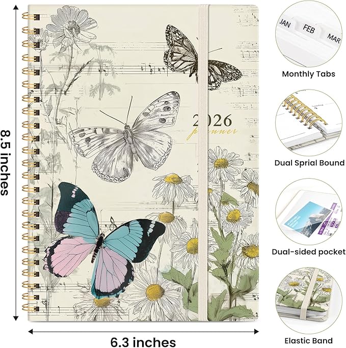 2026 Planner, Weekly and Monthly Planner for Women, January 2026 to December 2026, Pretty Hardcover 2026 Calendar Planner Book with Tabs, Inner Pocket, Spiral Bound, Perfect Office Home School Supplies - 6.3" x 8.5", Butterfly Sonata