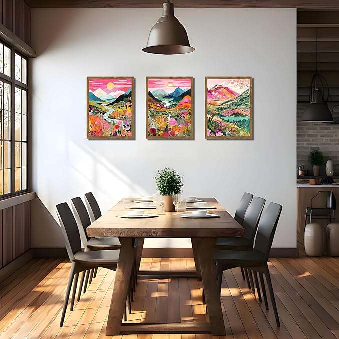 Boho Colorful Mountain Wall Art Set of 3, Abstract Watercolor Landscape Flower Wall Decor Paintings, Modern Nature Sunset Forest Posters Prints for Living Room, Bedroom 12x16 Inch Wood Framed