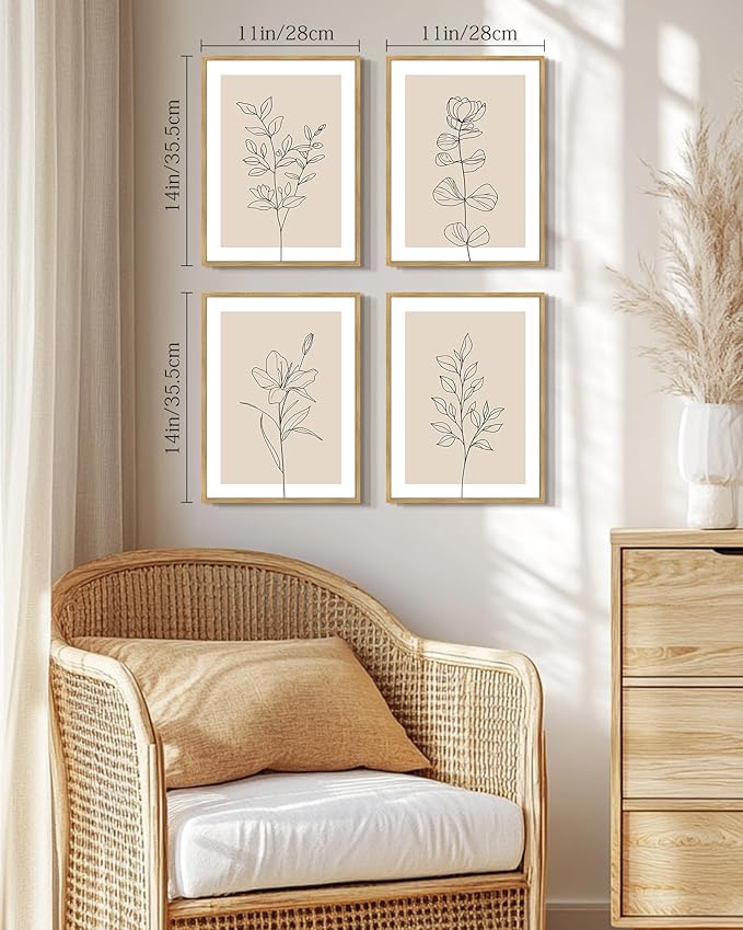 Drsoum Botanical Boho Framed Wall Art Wooded Minimalist Aesthetic Flower Prints Farmhouse Retro Plants Rustic Bathroom Kitchen Home Decor Ready to Hang 11x14inx4pcs (Natural Framed)