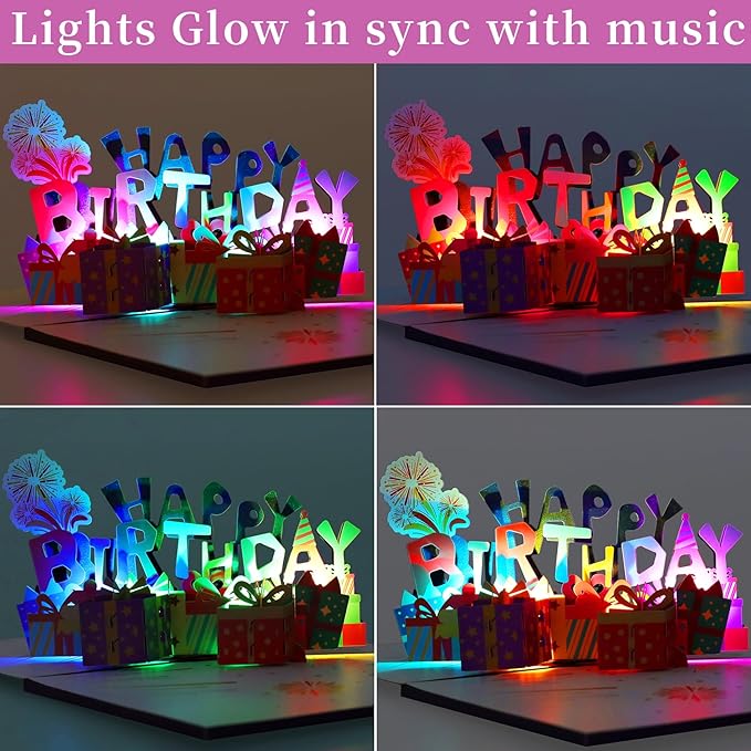 GREETING ART 3D Pop Up Birthday Cards, Light and Music Happy Birthday Card, Musical & LED Lights Birthday Cards for Women Men Kids
