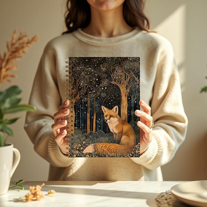 Vintage Starry Forest Fox Notebook, Fox Lover Gifts, Mystical Enchanted Forest Wild Animal Journal,Dark Cottagecore Aesthetic Spiral Notebook Journal, 5.5x8.3 Inch