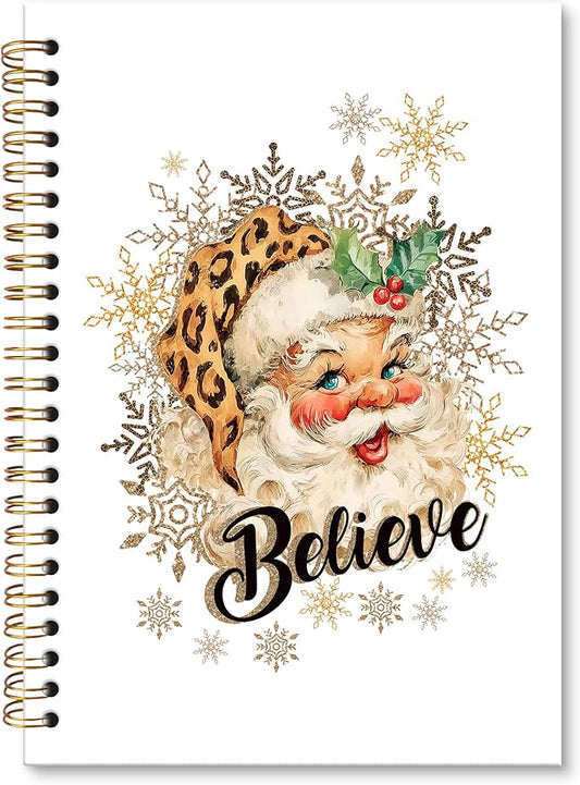 XNXLDYLH Trendy Gold Christmas Santa Notebook Journal, Vintage Preppy Spiral Notebook, Leopard Cheetah Santa Journals Notebooks for Women Men, Christmas Office School Supplies Gifts for Kids,5.5x8.3In