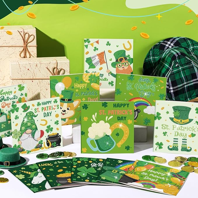 Saillong 12 Pack St Patrick's Day Diamond Painting Greeting Card Kits Green Shamrock Diamond Art Cards with Envelopes 5D Rhinestones Painting Making Kit for Adults DIY Craft Family Friend Holiday Gift