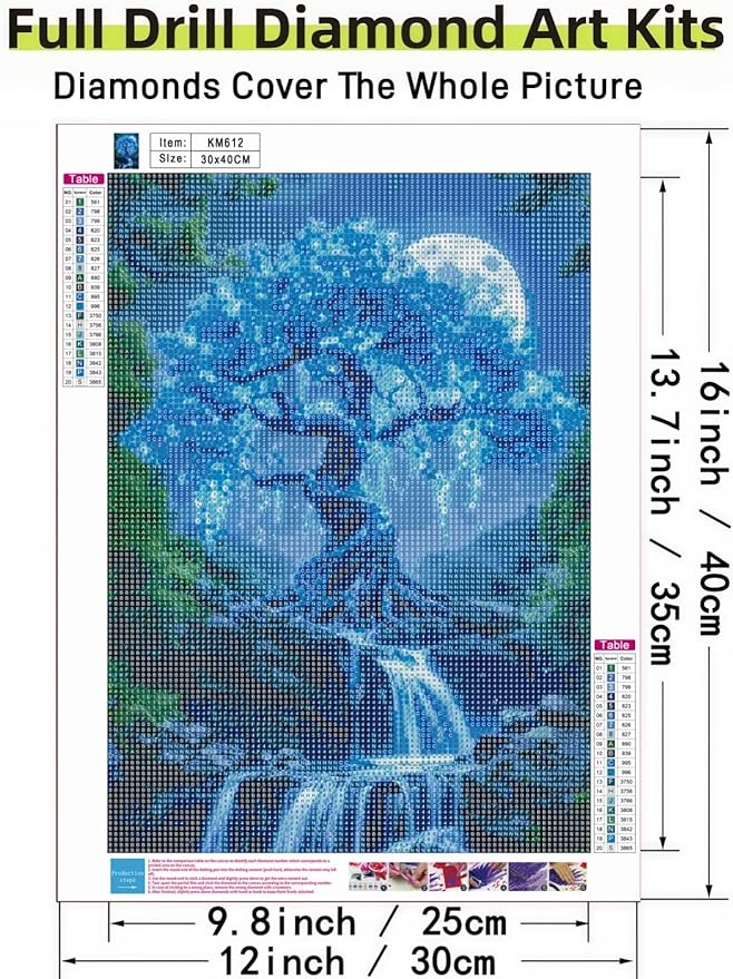 Moon Tree 5D DIY Diamond Painting Kits for Adults, Waterfall Diamond Art Kits for Beginners, Full Drill Dot Painting Gem Art Kits for Home Wall Decor11.8 x15.7 Inch