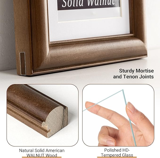 Heimlove 8.5x11 Picture Frame,Natural Solid Walnut Wood Frame Matted to 6x8 with Tempered Glass,8.5"x11" Handcrafted Diploma Document Frames Frame Vertical or Horizontal Wall Hanging Display,3 Pack