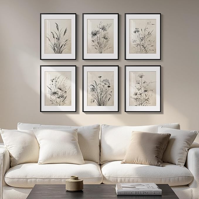 Framed Boho Vintage Botanical Wall Art, Set of 6 Black and White Floral Canvas Painting Prints with Mat for Farmhouse Living Room, Neutral Rustic Flower Artwork for Kitchen Bedroom Home Decor, 11x14