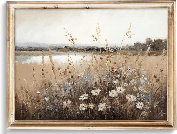 Vintage Wall Art, Farmhouse Wall Decor Wildflower Field Country Wall Painting Canvas Prints Autumn Landscape Oil Painting Wall Decor Vintage Art Pictures for Bedroom Bathroom Kitchen Decor( 8" x 10"-UNFRAMED)