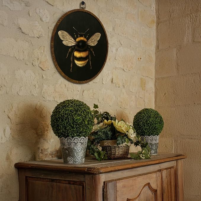 KLYTINK Vintage Bee Round Wall Art,Botanical Insect Canvas Print with Frame, Bee Dark Floral Naturalist Decor for Kitchen, Study, or Bedroom 10''x10'' (bee-01)