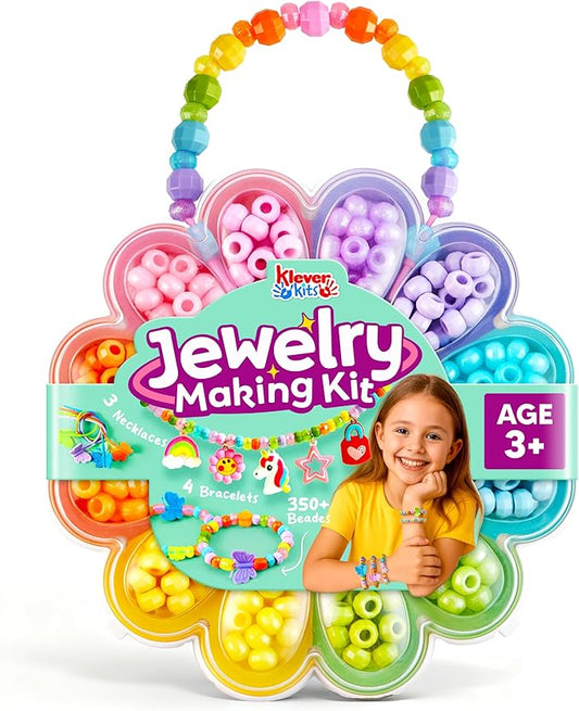 Klever Kits Jewelry Making Kit, Bracelet Making Kit with Bead, Kids Jewelry Bracelet Kit, DIY Kit with 350+ Colorful Beads, Flower-Shaped Storage Case, Crafts Gifts for Girls Ages 3+ by JOVA