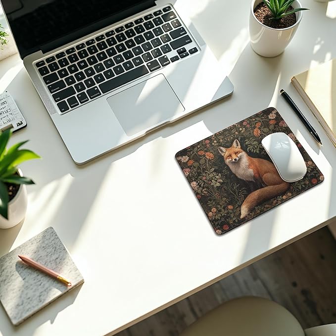 Vintage Moody Floral Fox Mouse Pad, Fox Lover Gifts, Dark Cottagecore Botanical Forest Animal Mouse Pads Mousepad for Home Office Dorm Computers Laptop Supplies Desk Accessories, 9.5x7.9 Inch