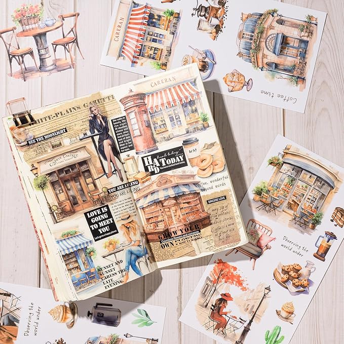 Scrapbook Sticker Book, 20 Sheets Journaling Stickers, Junk Journal Supplies, Pre-Cut Aesthetic PET Materials, Watercolor Scrapbooking Stickers for Adults, Decorative Ephemera DIY Arts Craft