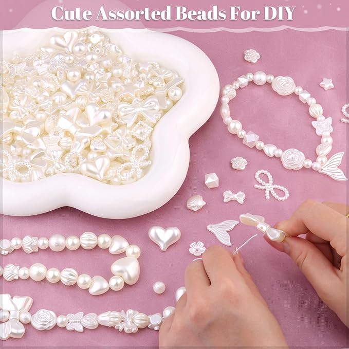 270-320PCS TINKRSTUFF Assorted Acrylic Beads,ABS Imitation Pearl Beads Cute Beads for Bracelet Making, Bow Kawaii Charms, Aesthetic Bead for Necklace Keychain Jewelry Making DIY Keychain Phone Charm