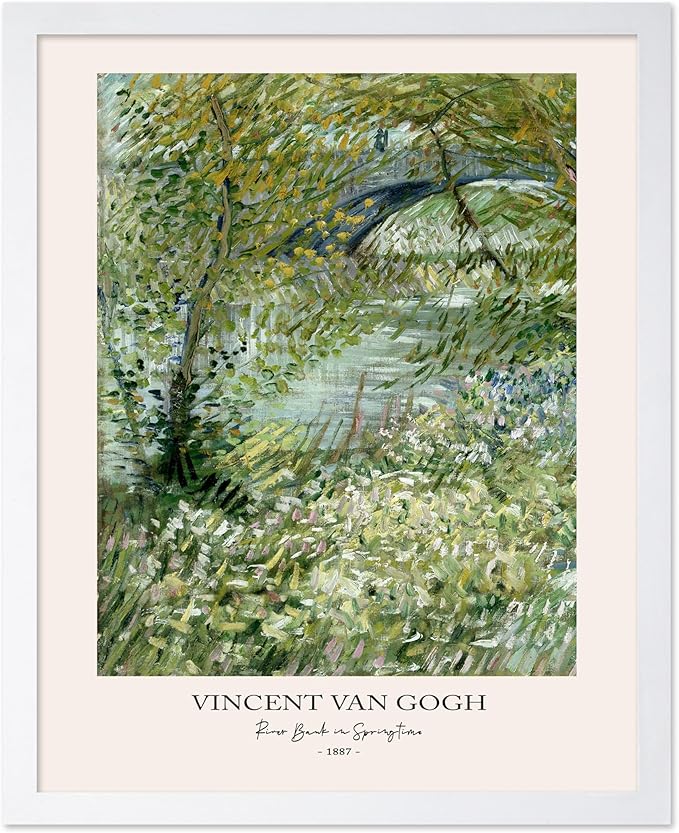 Monem Art Vintage Van Gogh Poster - Retro Impressionist Print - River Bank in Springtime, Flowers, Landscape - Gift for Artist, Friend - Wall Decor for Home, Office, 8x10 White Framed