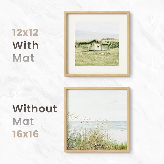 16x16 Picture Frame, USA-Sourced Natural Beech Wood Photo Collage Frame with HD Tempered Glass, Modern Simple 16 x 16 Wooden Frame Matted to 12x12, Gallery Wall Frames for Art