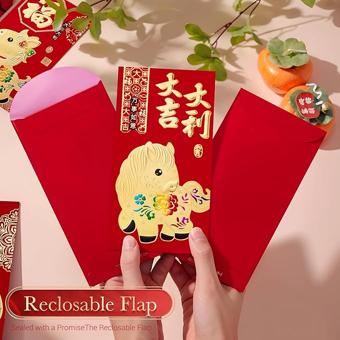 36pcs Red Envelopes Chinese New Year, Chinese Traditional Lucky Money Hong Bao Red Envelope Pockets for 2026 Spring Festival, Lunar New Year, 6 Cartoon Horse Designs,L