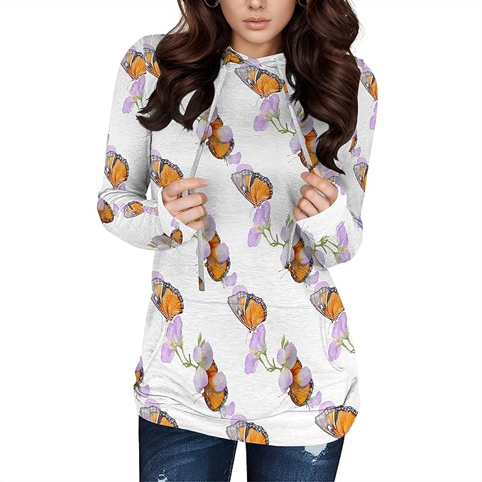 Hooded Sweatshirt Women Fall Butterfly Sweatshirts Lightweight Long Sleeve Pullover Tops Trendy Outfits Plus Size