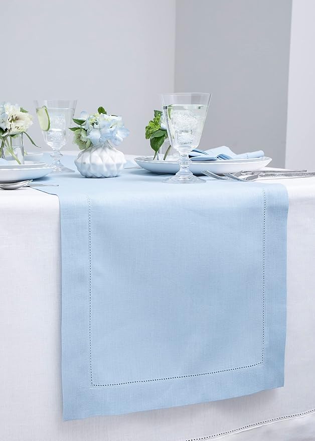 Solino Home Linen Hemstitch Table Runner 108 Inches Long - 100% Pure Linen Sky Blue Table Runner 14 x 108 Inch for Spring, Easter - Classic Hemstitch