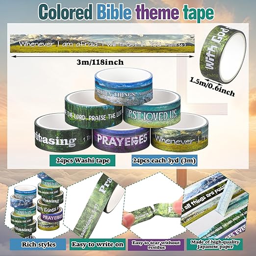 Janlaugh 24 Rolls Christian Washi Tape Gifts Bulk Religious Inspirational Scripture Supplies Bible Verse Tape for Bible Study Journaling Crafting Christmas Stocking Stuffers Gift(Scenery)