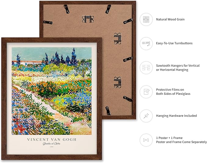 Monem Art Vintage Van Gogh Poster - Retro Impressionism Print - Garden at Arles, Colorful, Aesthetic, Beautiful - Gift for Artist, Friend - Wall Decor for Home, Office, 8x10 Brown Framed