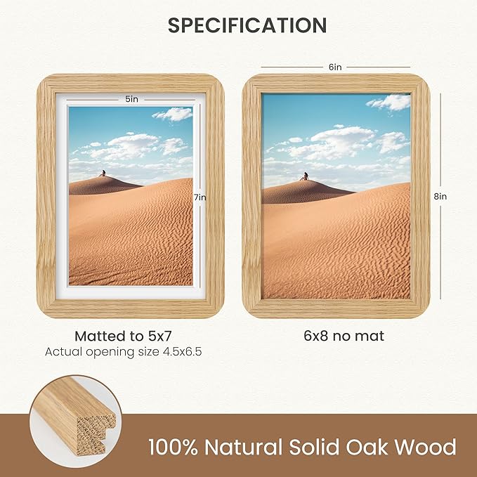 Dreamland 6x8 Picture Frame, Solid Oak Wood Photo Frame with Mat for 5x7, Round Corner 6 x 8 Matted Picture Frames with Resistant Plexiglass for Wall Mounting or Tabletop, Oak Color, Set of 1