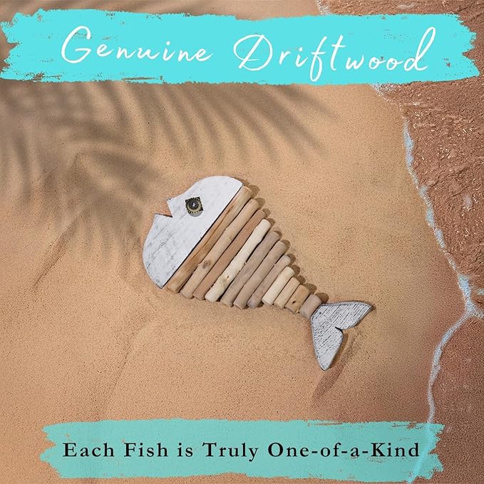 Mint Bucket Brands Driftwood Fish Nautical Wall Decor - 18" x 10" Handmade Wooden Rustic Coastal Wall Art for Living Room, Bedroom, Office, Bathroom - Ocean Beach Decoration (Opal)