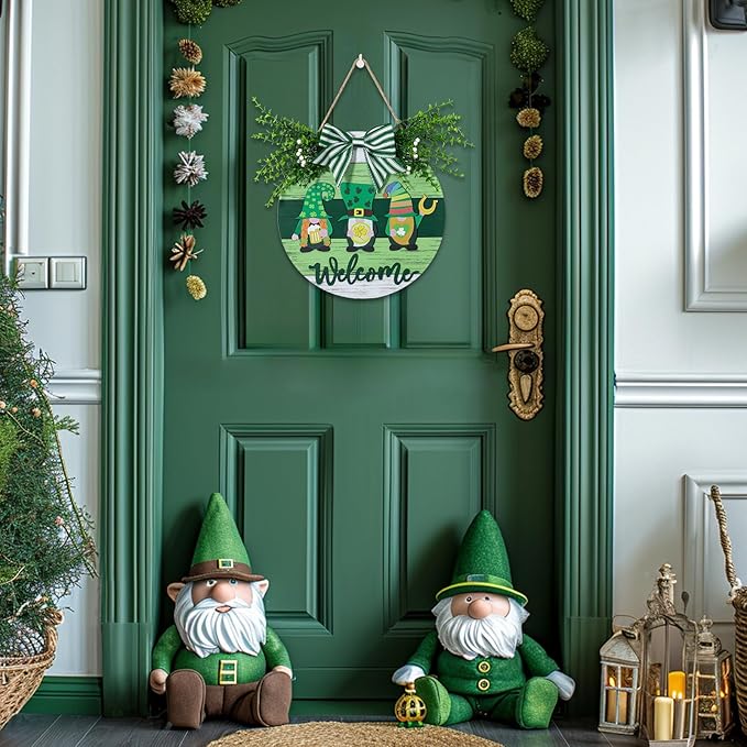 St Patricks Day Decorations: Irish Decor for Front Door Green Welcome Sign Gnomes Wall Hanging Saint Patrick's Day Wreath