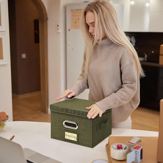 Greeting Card Organizer and Storage Box with 40 Pcs Adjustable Dividers, Storing Cards with 168 Pcs Labels Perfect for Storing Greeting Cards, Envelopes, Photos 2 Pack Olive Green