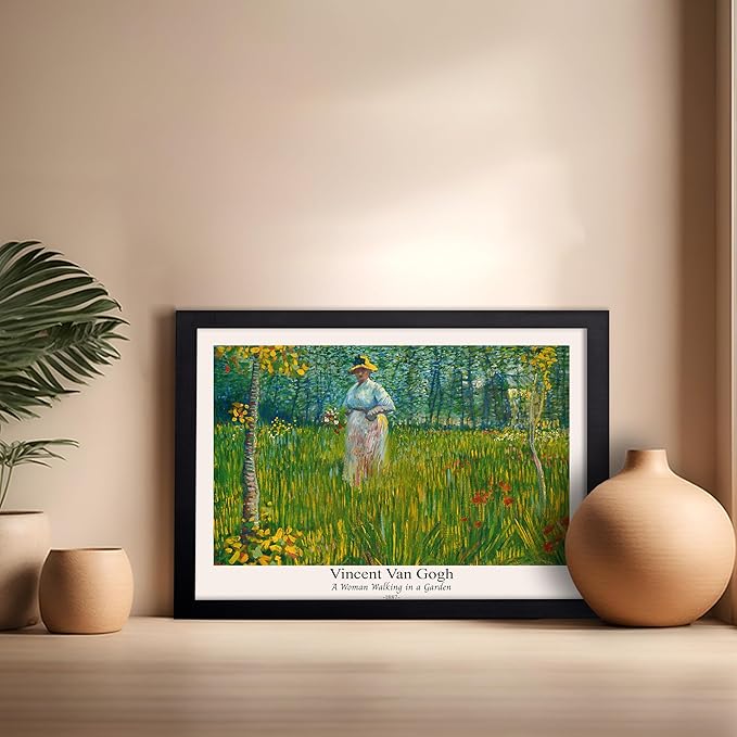 Monem Art Vintage Van Gogh Poster - Retro A Woman Walking In A Garden Print - Impressionism Art - Fine Art - Classic Painting Art - Floral Art - Bedroom or Office Decor - 16x20 Black Framed