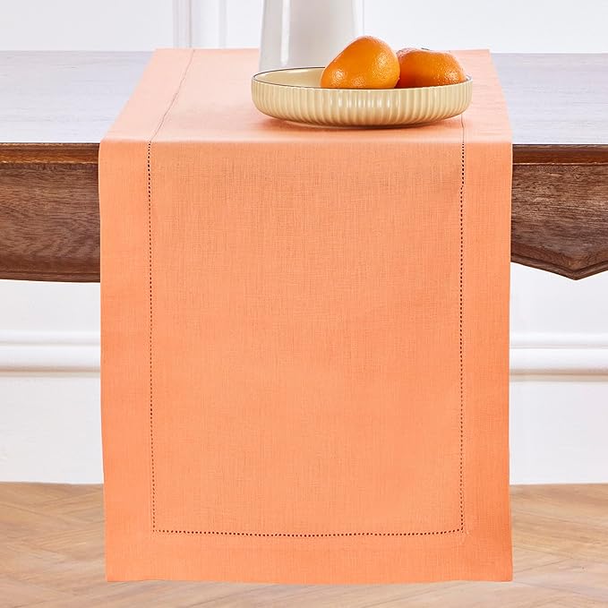 Solino Home Linen Coral Table Runner 132 Inches Long - 100% Pure Linen Extra Long Table Runner 14 x 132 Inch for Valentines, Spring, Easter - Classic Hemstitch