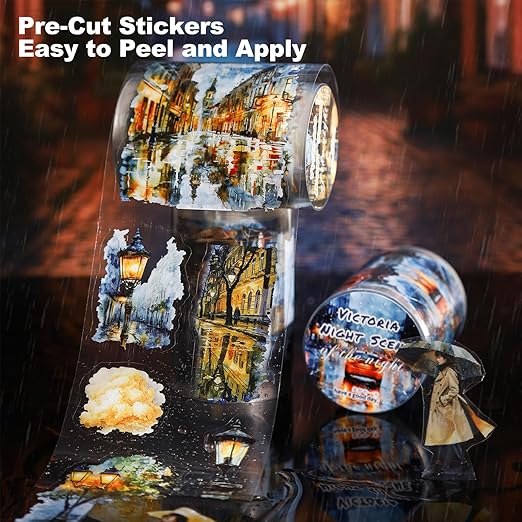 Night Scene PET Tape Set – 6 Rolls of Pre-Cut Landscape Stickers with Clip, Waterproof Scrapbook Kit for Journaling, DIY Crafts, and Decorative Embellishment