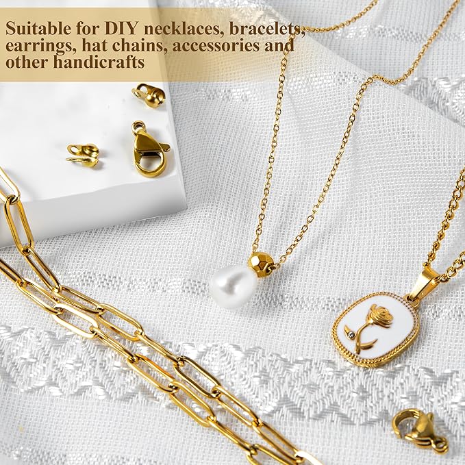 18k Gold Plated Stainless Steel Necklace Chains for Jewelry Making 49FT 8 Style Gold Necklace Chains Bulk with Lobster Clasps and Jump Rings Connectors for DIY Necklaces Bracelet Jewelry Making