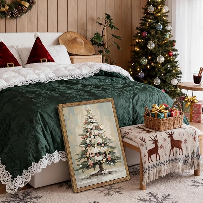 Framed Christmas Tree Wall Decor, Christmas Tree with Christmas Balls Canvas Prints Country Winter Holidays Oil Painting Vintage Christmas Wall Art for Living Room Bedroom – 16x24in