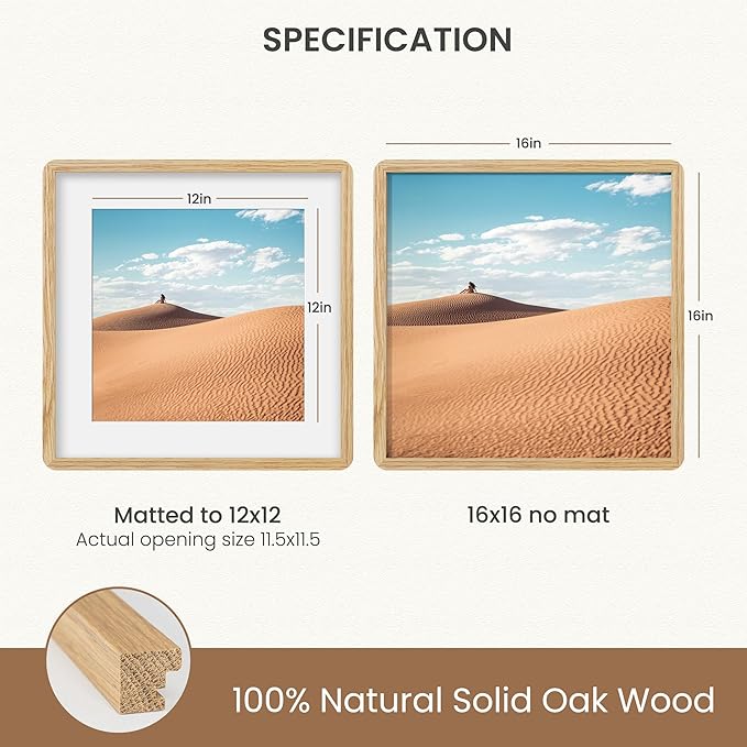 Dreamland 16x16 Picture Frame, Solid Oak Wood Photo Frame with Mat for 12x12, Round Corner 16 x 16 Matted Picture Frames with Resistant Plexiglass for Wall Mounting or Tabletop, Oak Color, Set of 1