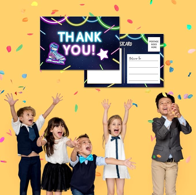 Birthday Thank You Postcards, Neon Roller Skating Thank You Cards for Kids Girls Boys Birthday Party, Baby Shower Party, Set of 20 (A05)