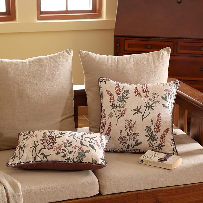 ISAENNE Design Linen Vintage Lumbar Square Round Throw Pillow Covers Set of 4, French Country Cushion Covers with Pink Blue Floral Pattern Decoration Pillowcases for Bed,Living Room,Outdoor,Car