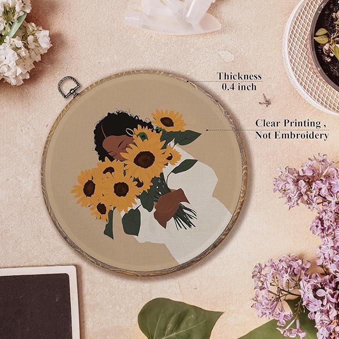 FUGWN Vintage Black Women Floral Round Wall Art Decor Framed, African American Flower Canvas Artwork Prints, Black Women Gifts Wall Hanging Decorations for Home Bedroom Living Room, 10x10 Inch