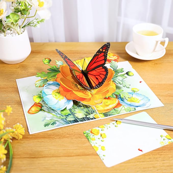 Butterfly on Flower Pop-Up Birthday Card – Handmade 3D Monarch Butterfly Floral Card for Wife, Mom, Her, Sister, Daughter, Ideal Gift for Birthday, Get Well, Thank You, Mothers Day, 6x8 inch