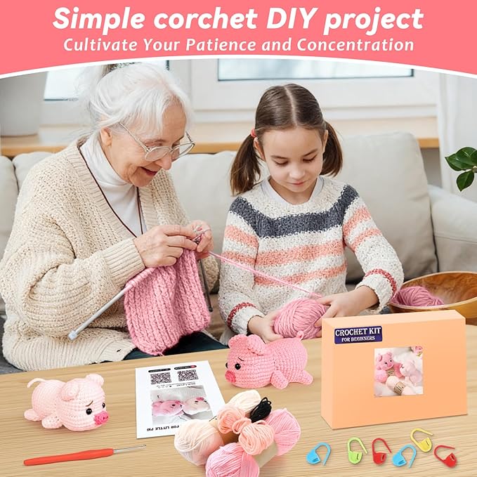2 Pack Pig Crochet Kit for Beginners with Easy Yarn and Step-by-Step Video Tutorials, Beginner Crochets Kit for Adults, DIY Crochet Animal Kits Art Crafts Knitting Kits Ideal Gifts for Teacher Gifts