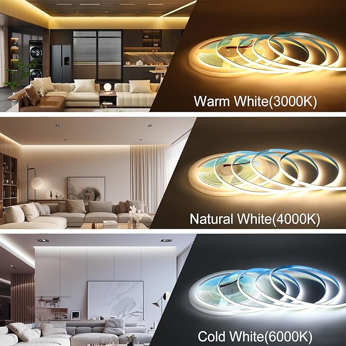 COB LED Strip Light, 16.4FT 12V 6000K Narrow Width 5mm Super Bright CRI 90+ Dotless LED Tape Light, 400LEDs/M Cuttable Flexible Dimmable Light Strip for Christmas Indoor Home Decor (No Power Supply)
