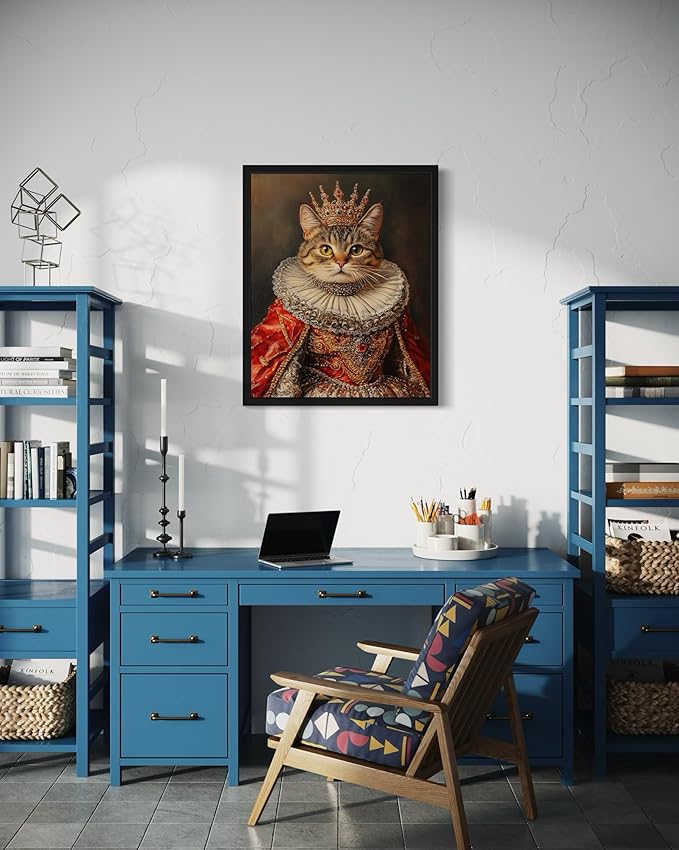Queen Cat Portrait Art Poster Print, Cat Kitten Painting Humor Portrait Pet Artwork Decor Gallery A8 (Queen Cat, 8 x 10 inches, Black Frame)