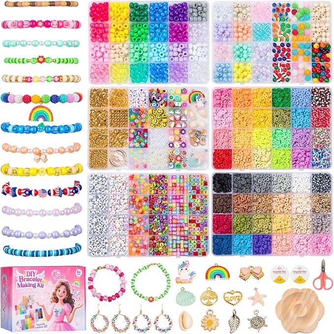Taybonds DIY Friendship Bracelet Making Kit for Kids – 6 Boxes Jewelry Crafts Beads with Pony, Clay, Letter Beads, Charms & Complete Jewelry Making Tools – Gift for Girls Age 6+