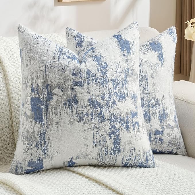 FUTEI Blue White Decorative Throw Pillow Covers 26x26 Inch Set of 2,Jacquard Weave Euro Pillow Shams in Soft Faux Cashmere,Modern Home Decor for Couch Living Room