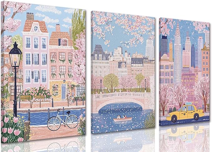 XLARTMY Watercolor City Landscape Travel Wall Art Canvas Framed Pink Cherry Flower Poster Girly Prints Painting Pictures Set of 3 for Bedroom Living Room Office 16x24in